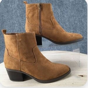 Old Navy Bourbon Tan Western Faux‑Suede Side Zip Stack Heel Ankle Bootie W 7.5